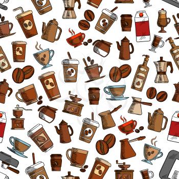 Coffee cups and coffee makers seamless background. Wallpaper with vector pattern icons of vintage coffee mill, turkish cezve, espresso machine, retro coffee grinder, moka pot, macchinetta, milk pack, 