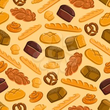 Seamless bread and pastries pattern with multigrain and rye bread, round farm bread, baguette, pancake, croissant, cinnamon roll, braided bun and pretzel on yellow background