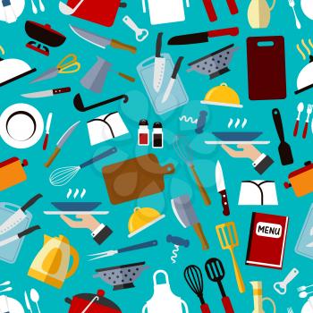 Restaurant kitchen utensils seamless pattern with knife, fork, spoon, chef hat, pan, spatula, menu, coffee pot, kettle, scissors, ladle, whisk tray cutting board apron plate on blue background