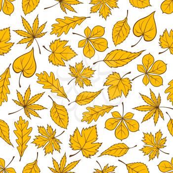 Autumn leaves seamless pattern on white background with yellow fallen leaves of autumnal forest trees. Autumn nature theme or interior design