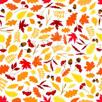 Autumn background with seamless pattern of orange, red and yellow fallen leaves, acorns, dry herbs and branches of rowanberry fruits. Nature theme design