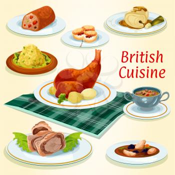 British cuisine popular dishes icon with beef wellington in pastry wrap, scottish chicken soup with prunes, rabbit with potato, fruit cake, kidney soup, scones, cod in mustard sauce and fish pate