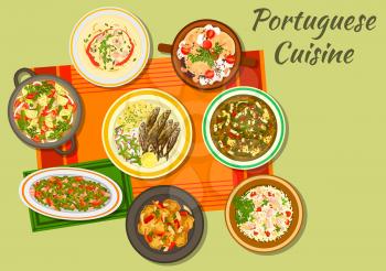 Portuguese cuisine cabbage and sausage soup caldo verde icon with fried sardine, bean stew, fish paella, baked eggplant with mushrooms, fish stew, pork with vegetables, cabbage soup with chorizzo