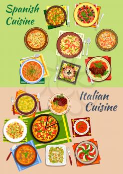 Italian and spanish cuisine pizza and paella icon with pasta, bean and sausage soups, tomato and mozarella salad, seafood noodles, beef steaks, caesar and pasta salads, potato dumplings, tuna salad