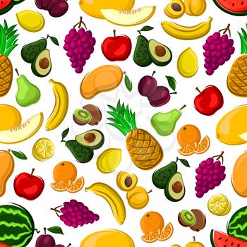 Seamless fruits pattern with sweet banana, peach, mango, pineapple, melon and pear, juicy apple, orange, lemon, grape, kiwi, plum watermelon and avocado on white background