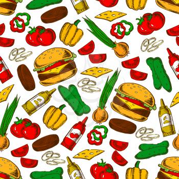 Fast food cheeseburger with ingredients seamless pattern of burger, cheese, beef patty, fresh tomato, pepper, onion and cucumber vegetables, ketchup and mustard sauces