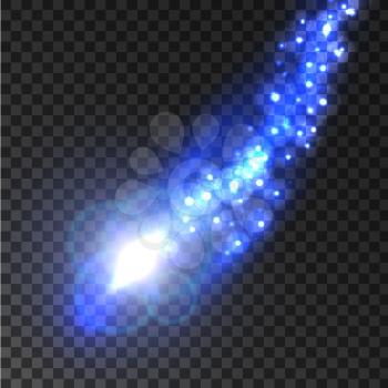 Shooting star or comet with blue glowing trail of shining lights, sparkles and flares. Light effects on transparent background for art design