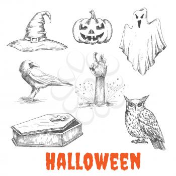 Vector sketched elements of Halloween celebration. Isolated witch hat, burning pumpkin with candles, bedsheet flying ghost, dead man hand from grave, raven crow, open vampire coffin, owl