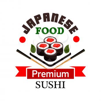 Sushi bar and japanese cuisine symbol with sushi rolls filled with salmon, framed by chopsticks and ribbon banner with text Premium