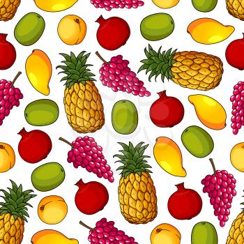 Seamless pattern of tropical pineapple, mango and kiwi, purple grape, peach, pomegranate fruits on white background. Food packaging or exotic cocktail menu design