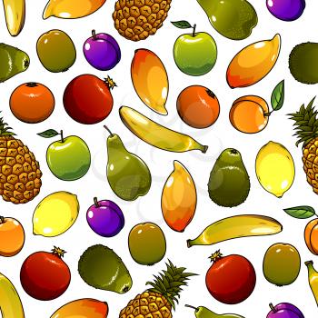 Healthy orange, apple, lemon, banana, plum, mango, pineapple, peach, kiwi and avocado fruits seamless pattern background. Tropical cocktail recipe vegetarian dessert design