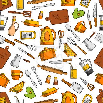 Kitchen utensils and appliances seamless pattern with spoon, knife, fork, pan, cup, glass, spatula, coffee and tea pots, electric kettle, cutting board, grater, salt and pepper whisk colander