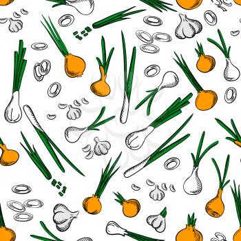 Fresh onion and garlic vegetables seamless pattern on white background with raw onion ring, sliced green leaves, peeled garlic cloves and scallion vegetables