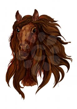 Brown chestnut running horse portrait. Red bay raging mustang with long wavy mane and shiny black eyes