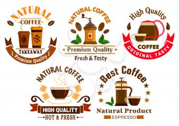 Coffee icons for cafe signboards. Coffee pitcher, coffee maker, mill, tea cup, kettle, french press, white chocolate, stars and ribbons. Template for cafeteria menu, fast food poster, delivery placard