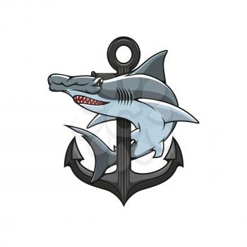 Hammer-head Shark and Anchor icon. Heraldic emblem. Vector nautical shield for heraldry template, t-shirt, shield sign