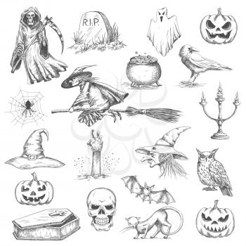 Halloween pencil sketch decorative icons. Vector isolated design elements of witch in hat flying on besom, frightening pumpkin, death with scythe, tomb stone, bedsheet ghost, coffin, evil skull with s