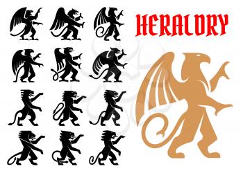 Heraldic mythical animals icons set. Vector heraldry emblem silhouettes of Griffin, Dragon, Lion, Pegasus, Horse for tattoo, shield