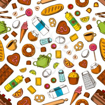 Daily meal seamless background. Wallpaper with pattern of breakfast cookies, biscuits, cakes, coffee, tea, ice cream, cooking utensils and accessories