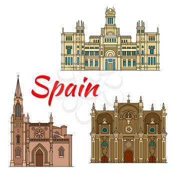Famous historic buildings and landmarks of Spain. Detailed architecture icon of Cibeles Palace, Santiago Cathedral, Granada Cathedral. Symbols for souvenirs, postcards