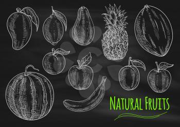 Natural fruits chalk sketch on blackboard with apple, lemon, banana, pineapple, peach, plum, mango, watermelon, avocado and melon fruits. Farm market design