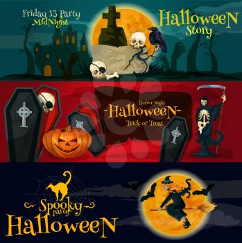 Cartoon Halloween party vector banners and posters with greeting and ivitation text. Friday 13 gravestone, Horror Night coffins and skeletons, Spooky Halloween witch on broom and black cat, midnight m