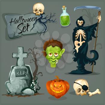 Cartoon scary elements for Halloween. Vector icons of skeleton zombie, orange halloween pumpkin lantern, gravestone with cross, green potion bottle. Creepy and horror design for Halloween decorations