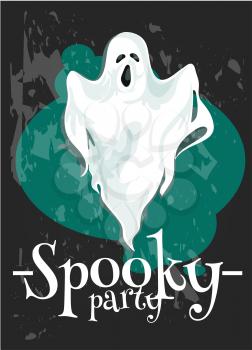 Halloween Party poster. Vector design template with spooky bed sheet ghost. Copy space template with text for Halloween invitation and greeting design