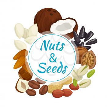 Nuts, seeds and beans round banner with peanut, almond, hazelnut, pistachio, roasted coffee beans, walnut, coconut, sunflower and pumpkin seeds