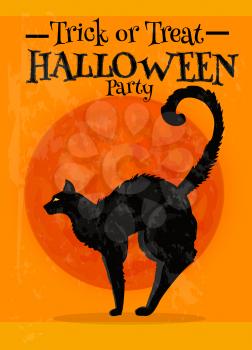 Halloween full moon light background with black witch cat silhouette. Trick or Treat Halloween party cartoon poster template with text for banner, invitation, greeting card decoration design