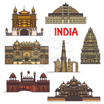 Travel landmarks of indian architecture thin line icon with minaret Qutub Minar, buddhist Great Stupa, Red Fort, sikh Golden Temple, Virupaksha Temple and Swaminarayan Akshardham temple complex