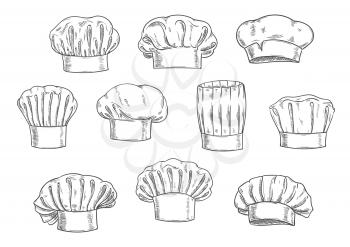 Sketched chef hat, cook cap and toque. Kitchen staff uniform, professional headwear for restaurant, cafe and menu design