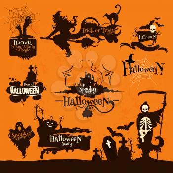 Halloween night party decoration emblems. Celebration design elements for banner, placard. Silhouette icons of witch broom, skeleton death with scythe, graveyard tombs, haunted house, creepy pumpkin