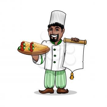 Arabian cuisine icon. Arabian Chef in uniform holding menu card template and kebab rolled in pita bread. Vector emblem for restaurant signboard, menu, decoration