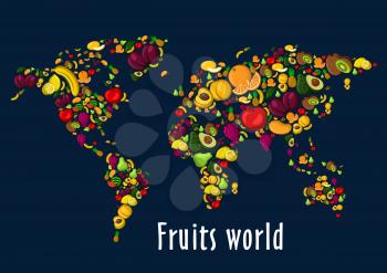 Fruits world map placard background. Vector wallpaper of globe continents of fruit icons watermelon, grape, strawberry, cherry, raspberry, blackcurrant, pineapple, kiwi, apricot, mango avocado banana