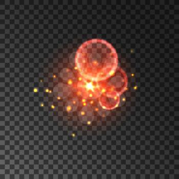 Glittering red sparkles with lens flare effect. Glowing fire sparks on transparent background