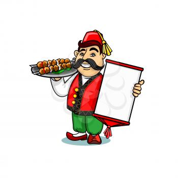 Turkish cuisine icon. Turk chef cook in national clothing holding menu card template and shashlik kebab on dish. Vector emblem for restaurant signboard, menu, decoration