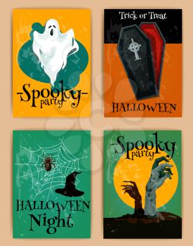 Halloween ghost, vampire coffin, witch hat, zombie hands on cemetery. Grungy Halloween invitation posters and banners in retro style. Horror design for October greeting cards