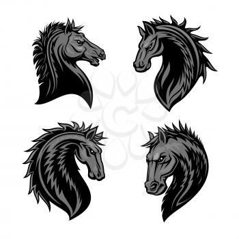 Raging stallion head with thorny prickly mane. Stylized heraldic icons of furious horse. Mustang emblem symbol for sport club, team badge, label, tattoo
