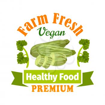 Farm fresh zucchini squash label. Premium healthy vegan food icon with green ribbon and leaves. Vector vegetable icon for vegetarian product sticker, grocery, farm store, packaging and advertising