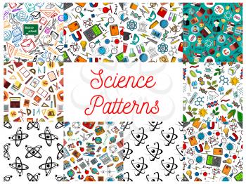 Science and knowledge seamless backgrounds. Wallpaper patterns of microscope, atom, dna, chemicals, substance, gene, molecule, telescope, globe, apple, proton magnet calculator lamp school supplies Ma