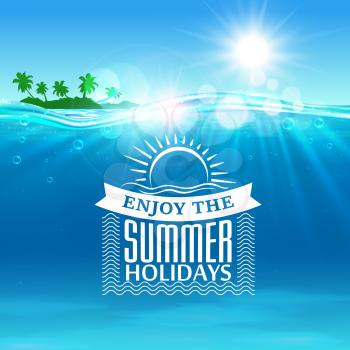 Summer holiday. Background with ocean, tropical palm island, shining sun, water waves elements. Vector placard for travel advertising agency, flyer, greeting card, hotel, resort poster