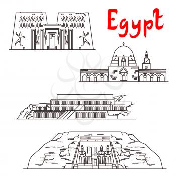 Historic landmarks, sightseeings, famous showplaces of Egypt. Vector thin line icons of Karnak Temple, Mosque of Ibn Tulun, Deir el-Bahari, Abu Simbel for souvenir decoration elements