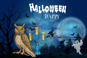 Happy Halloween dark greeting card with vector elements of full moon night, black haunted forest, night owl and flying bats with spooky ghost, witch on broom