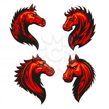 Fire horse head with thorny prickly mane. Stylized heraldic icons of furious flaming stallion. Mustang emblem symbol for sport club, team badge, label, tattoo