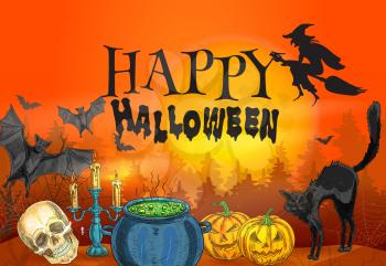 Bloody red orange background with halloween characters silhouette of whitch flying on broom, black cat and spooky smiling pumpkins, scary skull and magic cauldron with poisonous potion. Happy Hallowee