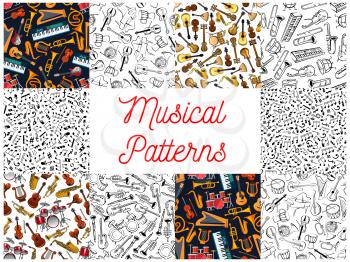 Musical instruments and notes pattern backgrounds. Seamless wallpapers with vector doodle sketch music icons of treble clef, stave, piano, saxophone, harp, drums, guitar, balalaika, accordion, violin,