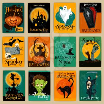 Complete set of retro posters, banners, invitation cards for Halloween party. Vector traditional Halloween elements and characters pumpkin, ghost, coffin, zombie, witch, cemetery, monster, bat cat