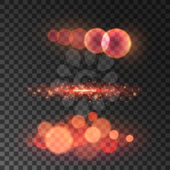Golden red bokeh light with lens flare effect. Glowing glitter blur. Bokeh lights on transparent background