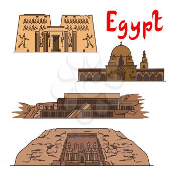 Egypt. Karnak Temple, Mosque of Ibn Tulun, Deir el-Bahari, Abu Simbel. Ancient historic landmarks, sightseeings, famous showplaces. Vector detailed icons for souvenir decoration elements